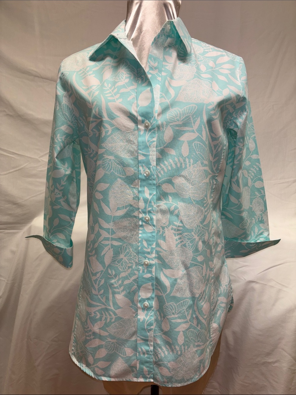 Westbound Aqua and White Floral Button-Front Tunic Blouse